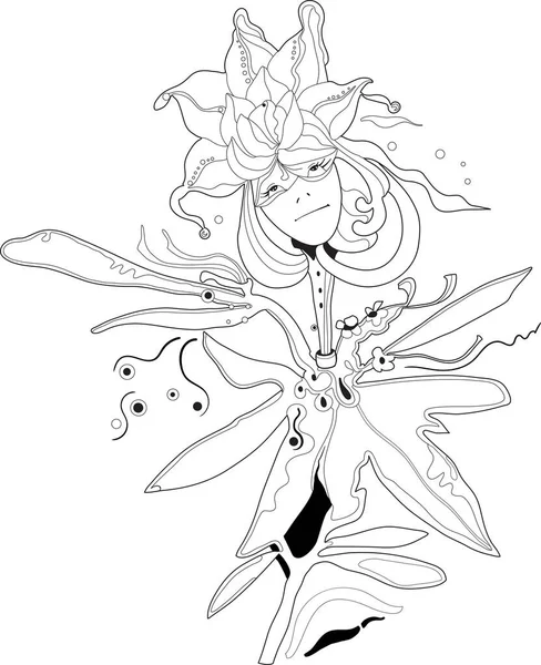 Woman Face Flowers Black White Fantasy Art Vector Illustration Coloring — Διανυσματικό Αρχείο