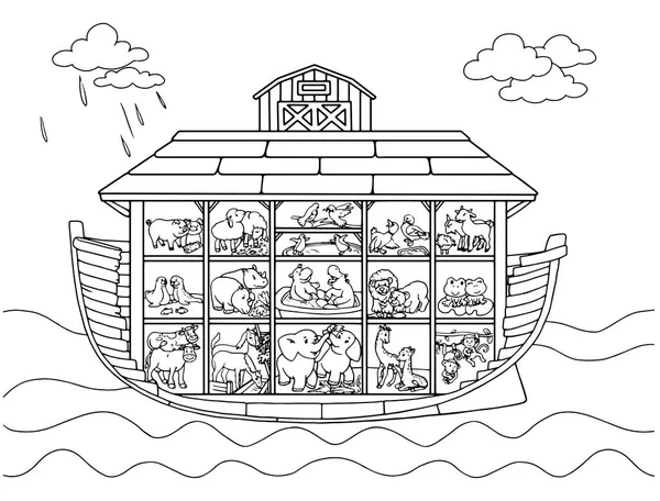 Noah Ark Cartoon Cute Animals Children Illustration Coloring Page — Stock Vector