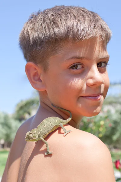 Chameleon on shoulder — Stock Photo, Image