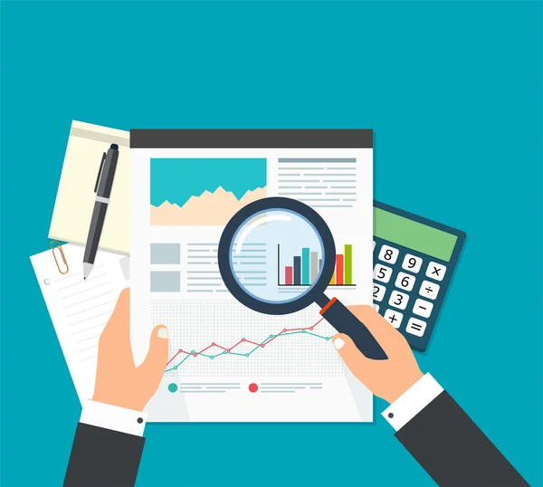 Business analist, financiële data-analyse. Zakenman met Vergrootglas is op zoek naar financiële verslagen. — Stockvector