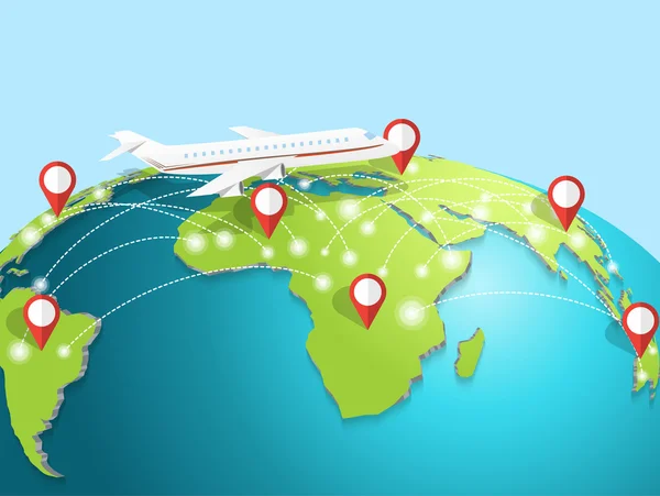 Matkustaminen lentokoneella ympäri maailmaa, kuljetuspalvelut — vektorikuva