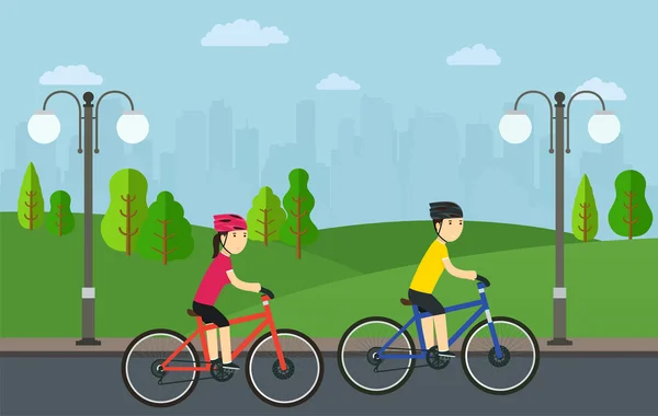 Ciclismo, uomo con donna in bicicletta nel parco della città . — Vettoriale Stock