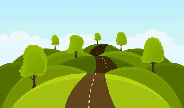 Route sur les collines parmi les arbres et les prairies . — Image vectorielle