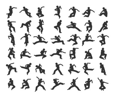 Farklı pozisyonlarda hareket insanlar. Dansçılar silhouet kümesi