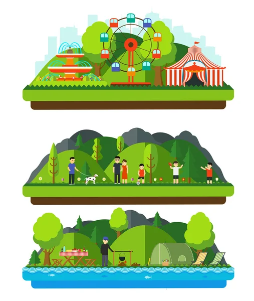 Parque de Recreación con montañas y colinas . — Vector de stock