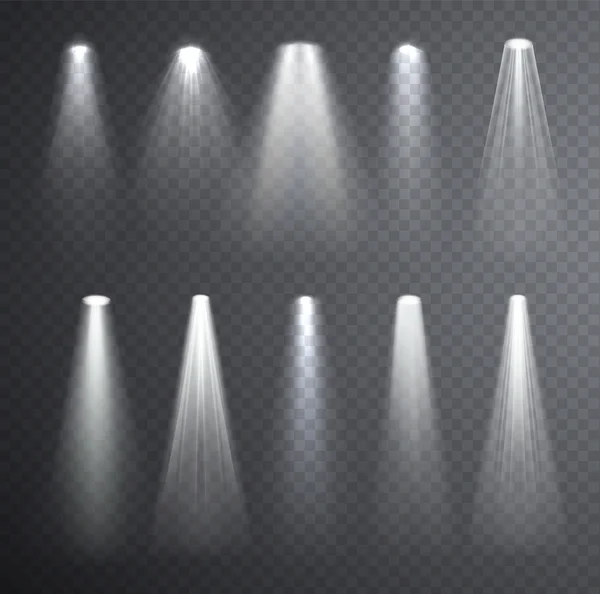 Heldere witte lichtbundel. Gloeiende lichteffecten geïsoleerd op selectievakje — Stockvector