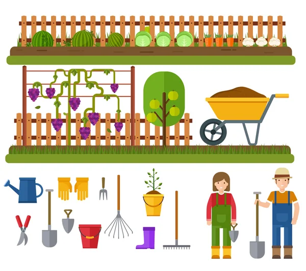 Conjunto de jardinería, paisaje rural con jardín. Herramientas de trabajo de jardín. Jardín con árboles frutales, hortalizas, viñedos y árboles . — Vector de stock