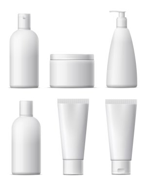 Boş kozmetik paket kümesi. Beyaz plastik şişe, güzellik ürünü. ollection kremi, şampuan, losyon, köpükler için.