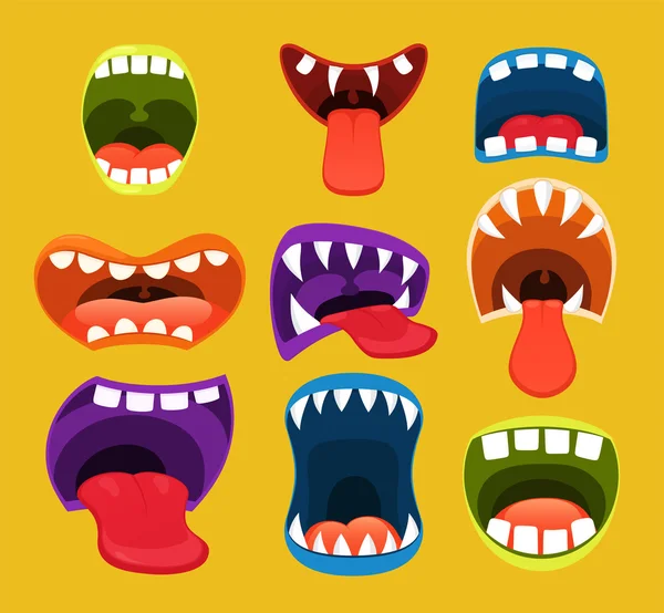 Bocas monstruosas. Expresión facial divertida, boca abierta con lengua . — Vector de stock