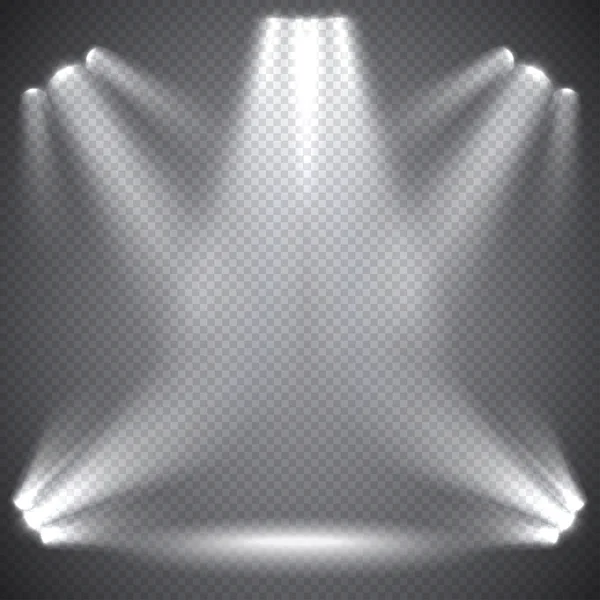 Illumination de la scène, effets transparents sur un fond sombre à carreaux. Éclairage lumineux avec projecteurs . — Image vectorielle