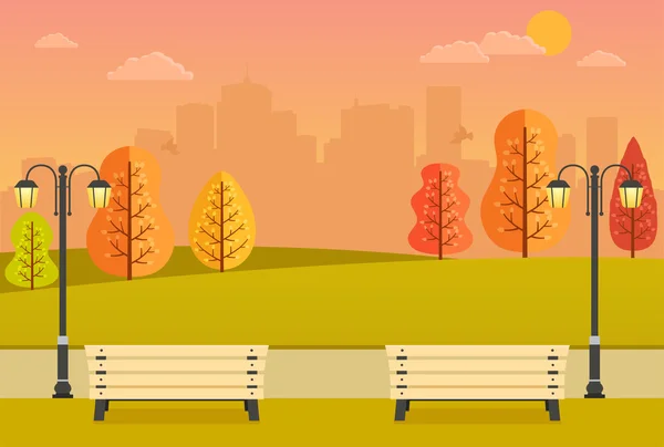 Beautiful autumn park with benches, yellow and orange trees and — Stock Vector