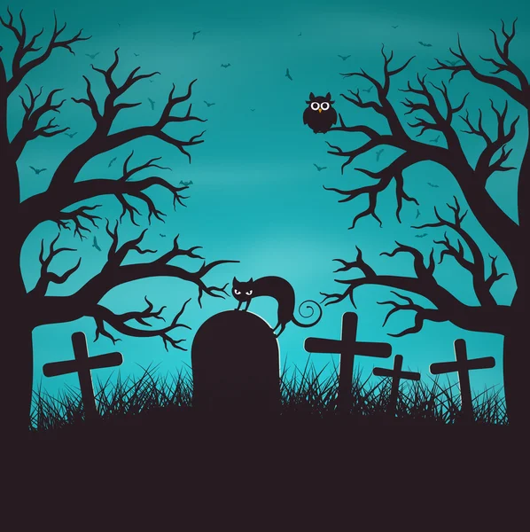 Halloween natt bakgrund i trä på en gammal kyrkogård med katt på gravsten. — Stock vektor