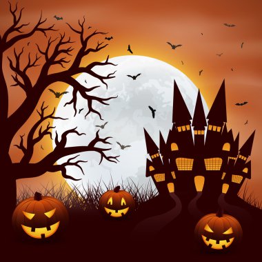 Halloween kabaklar ve castel kırmızı zemin üzerine arka plan.