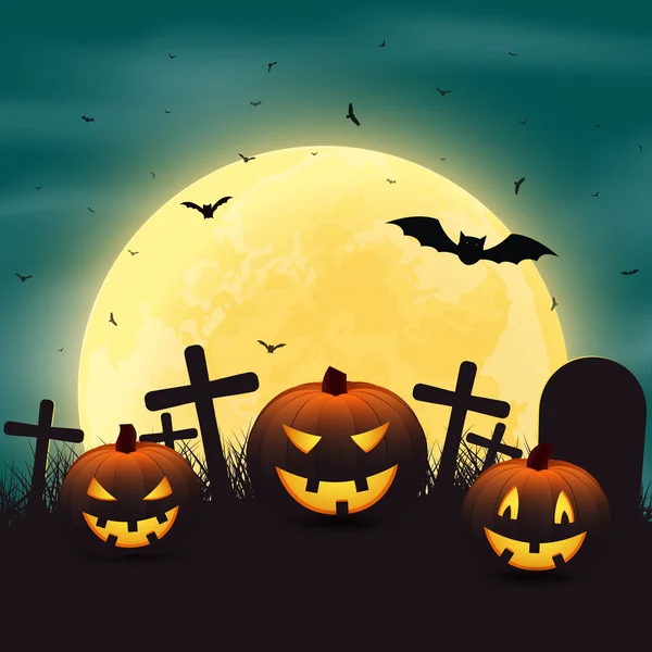 Halloween fond avec des citrouilles dans le cimetière, et une nuit de lune jaune vif . — Image vectorielle