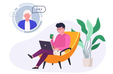 Adam video konferansı için laptop kullanıyor. Evde online toplantı işi. Çevrimiçi eğitim e-öğrenme kavramı.