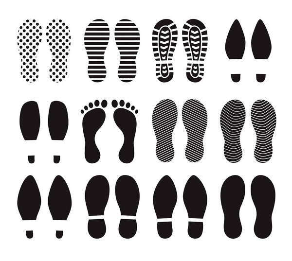 Human footprints. Different silhouettes steps soles boots, sneakers, set icons on white background.