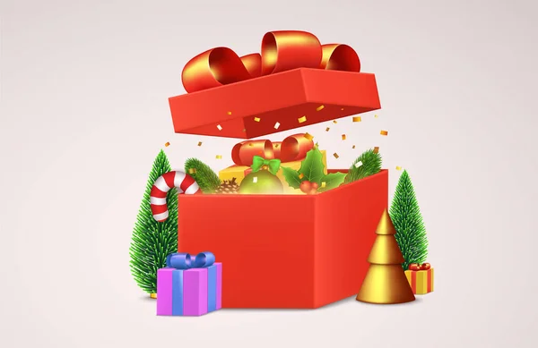Ανοιχτή κόκκινη συσκευασία δώρου με διακοσμητικά χριστουγεννιάτικα αντικείμενα, μπάλες Πρωτοχρονιάς, καραμέλες από κόκκινο ζαχαροκάλαμο, γυαλιστερά χρυσά κομφετί, πεύκο έλατο πλούσιο δέντρο. — Διανυσματικό Αρχείο