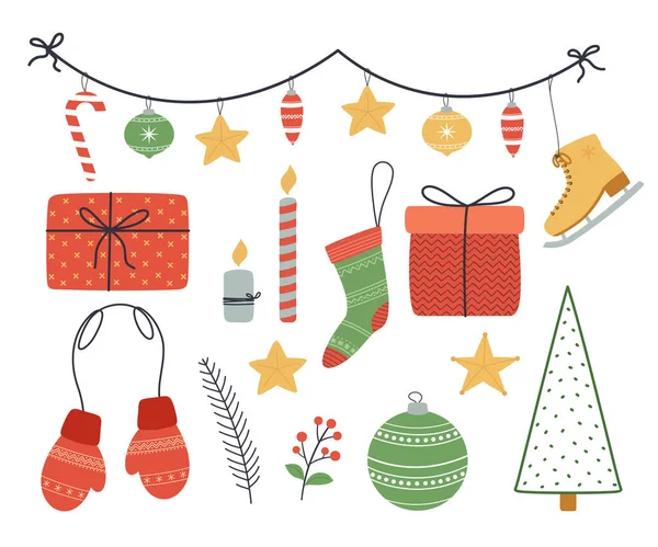 Weihnachtsset Deko-Sticker vorhanden. Neujahrselemente Geschenke, Kugeln, Kerzen, Tanne, rote Handschuhe Fäustlinge, hängende Winterdekor. — Stockvektor