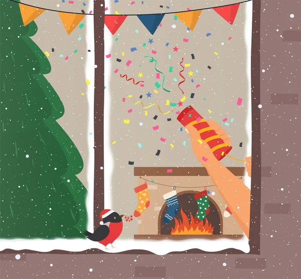 Vrolijk kerstfeest en nieuwjaar interieur met confetti explosie, kerstboom, opknoping decoratie kerstballen, open haard met sokken voor geschenken. — Stockvector