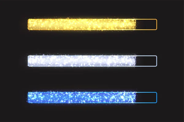 Brillante barra di avanzamento con scintille. Luminosa barra di carico festiva con particelle dorate, bianche, blu su sfondo nero. — Vettoriale Stock