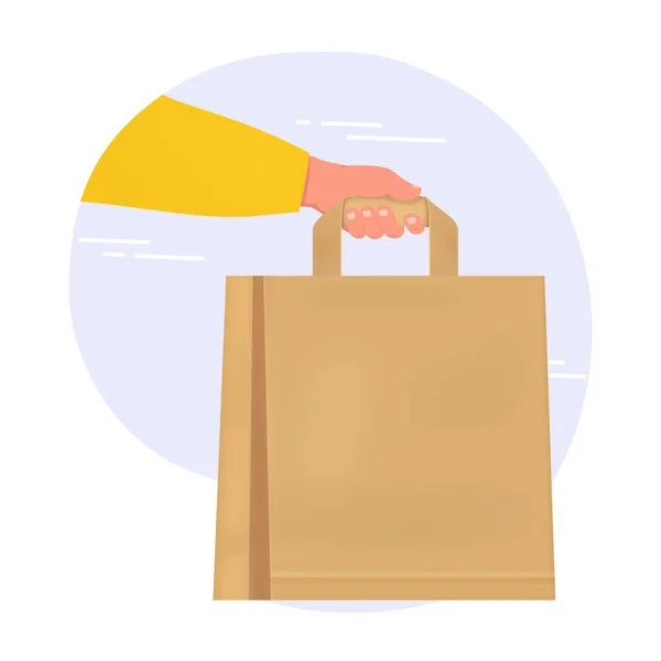 Hand with paper bag, safe and clean food delivery from restaurant store to home. Delivery concept. — 图库矢量图片