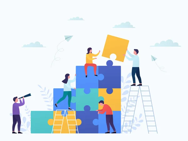 Coworkers connect puzzle pieces, teamwork. Business concept partnership, cooperation of businessmen and businesswomen, career growth, development and success. — Stock Vector