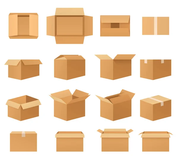 Prázdné kartónové krabice, sada otevřených a uzavřených obalů, přední pohled, horní pohled, boční pohled, úhlové. Papírové poštovní schránky různé tvary. — Stockový vektor