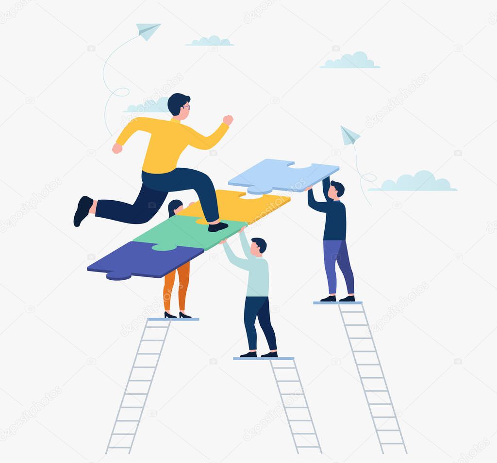 Businessman running on puzzle to his goal. People team connecting puzzle pieces, teamwork, cooperation. Business partnership concept.