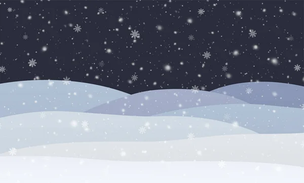 Chute de neige hivernale avec flocons de neige la nuit. Paysage froid d'hiver avec des chutes de neige Noël et Nouvel An arrière-plan. — Image vectorielle