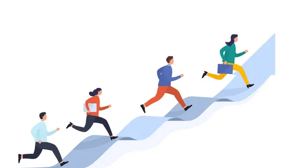 People run on arrow reaching target. Concept career success, startup and business development. Group of specialists different levels of profession move through obstacles. — Stock Vector