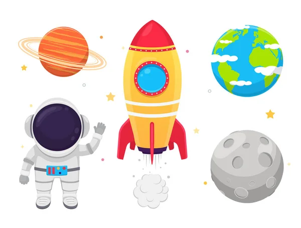 Conjunto espacial astronauta en traje, cohetes y planetas sobre fondo blanco. — Vector de stock