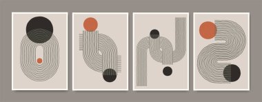 Yüzyılın ortalarında geometrik şekilli el yapımı posterler. Duvar dekorasyonu, kapağı, sosyal medya, broşür tasarımı, damgalaması, baskısı için kompozisyon tasarımı.