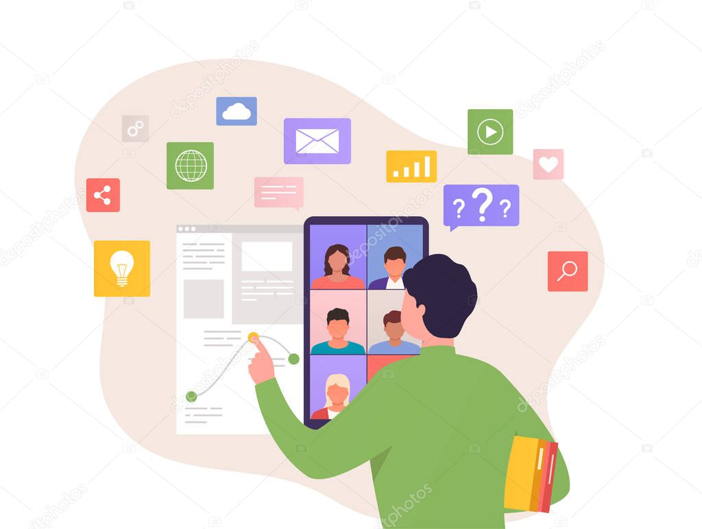 Man having conference call in business activity with his business team. Concept business communications, remote work, internet education.