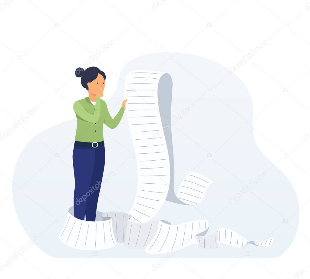 Business woman with a large paper task list, agenda, tax invoice. Impossible execution business tasks. Concept payment, shopping bill, checklist.