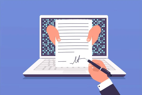 Man ondertekent overeenkomst document online. Concept overdracht van juridische overeenkomst met digitale handtekening. — Stockvector