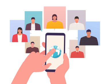 Video konferans konsepti. Çevrimiçi toplantı, iş arkadaşlarıyla çalışma, uzaktan proje yönetimi, uzaktan öğrenme. İnsanlar internette konuşuyor..