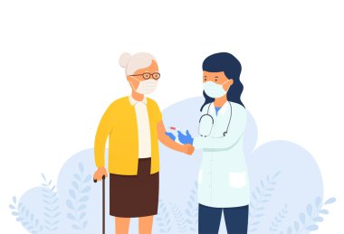 Doktor yaşlı kadınlara virüse karşı aşı veriyor. Kapalı aşı kavramı, grip enjeksiyonu, sağlık önleme ve aşılama.