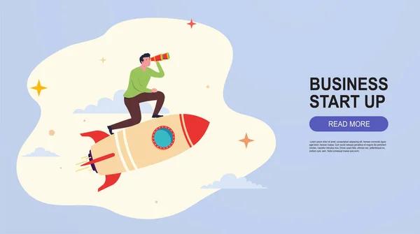 Businessman flying on a rocket to his target. Startup concept banner, career growth, business development, educational process, landing web page. — Stock Vector