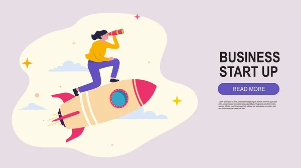 Businesswoman flying on a rocket to his target. Startup concept banner, career growth, business development, educational process, landing web page. — Stock Vector