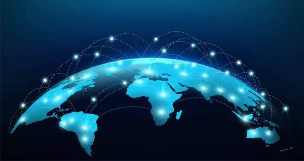 Mappa Del Pianeta Con Connessioni Globali Social Network Internet Satellite — Vettoriale Stock