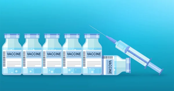 Mavi Arka Planda Virüse Karşı Şırınga Aşı Tüpleri Ile Tıbbi — Stok Vektör
