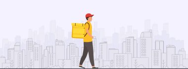 Sırt çantalı kurye eve yiyecek getiriyor. Malların çevrimiçi dağıtımı.