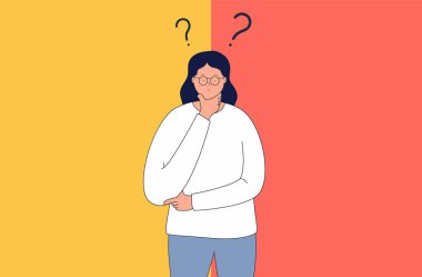 Concept of thinking and choice, thoughtfulness and problem solving. Woman chooses between two options.