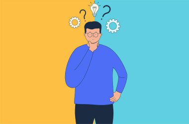 Concept of thinking and choice, thoughtfulness and problem solving. Man chooses between two options.