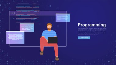 Web designer working on designing user interface or web application. Development and software, SEO optimization. Young man working on laptop, concept of programming, data processing.