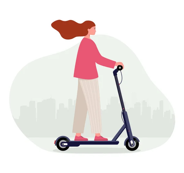 Mulher Monta Uma Scooter Elétrica Contra Pano Fundo Cidade Conceito — Vetor de Stock