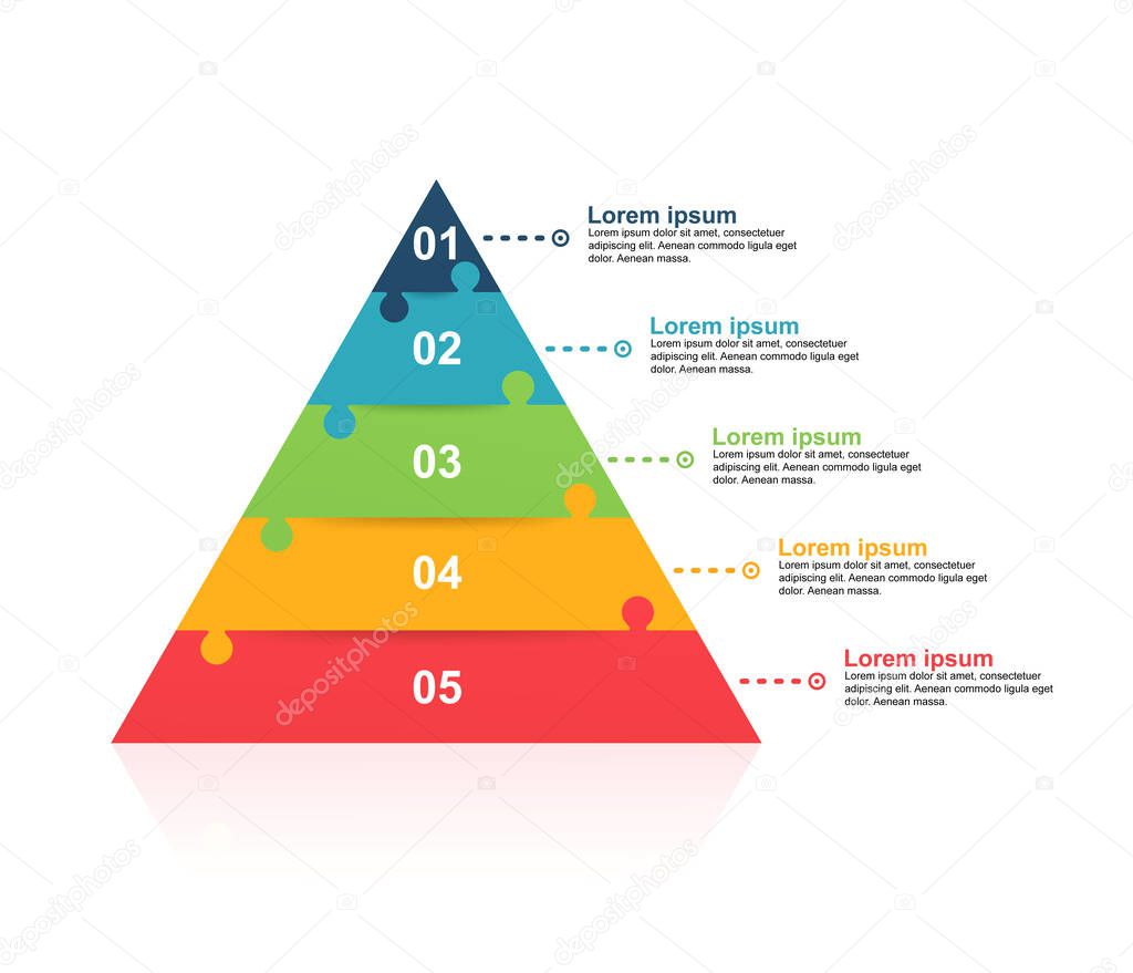 Business data visualization pyramid with puzzle pieces and 5 options or steps. Concept for infographics, template for presentations.