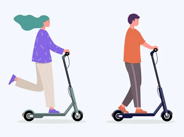 Mulher Homem Monta Uma Scooter Elétrica Conceito Estilo Vida Moderno — Vetor de Stock