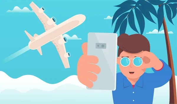 Vliegtuig Reizen Mens Maakt Selfie Achtergrond Wolken Vliegtuig Concept Zomervakantie — Stockvector