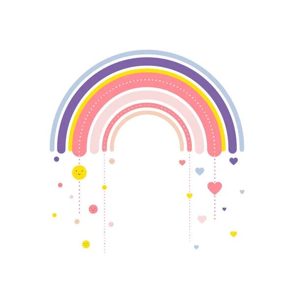 Arco Iris Con Corazones Sonrisas Estilo Infantil Sobre Fondo Blanco — Vector de stock